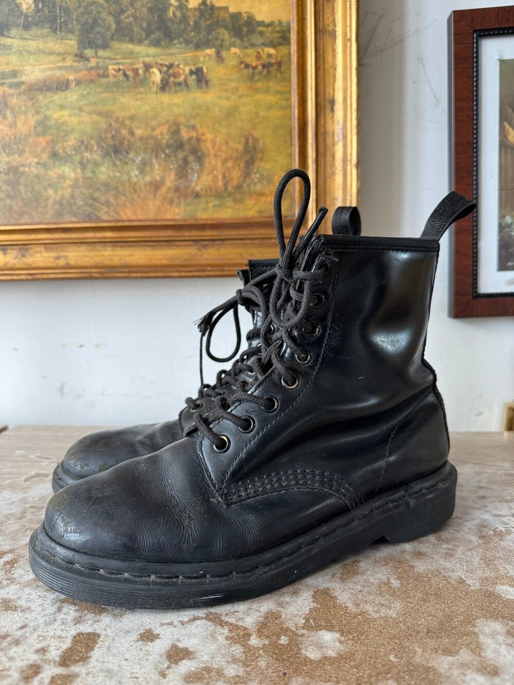 Vintage Dr. Martens 1460 Mono Black Smooth Leather Ankle Boots Ladies Size 7